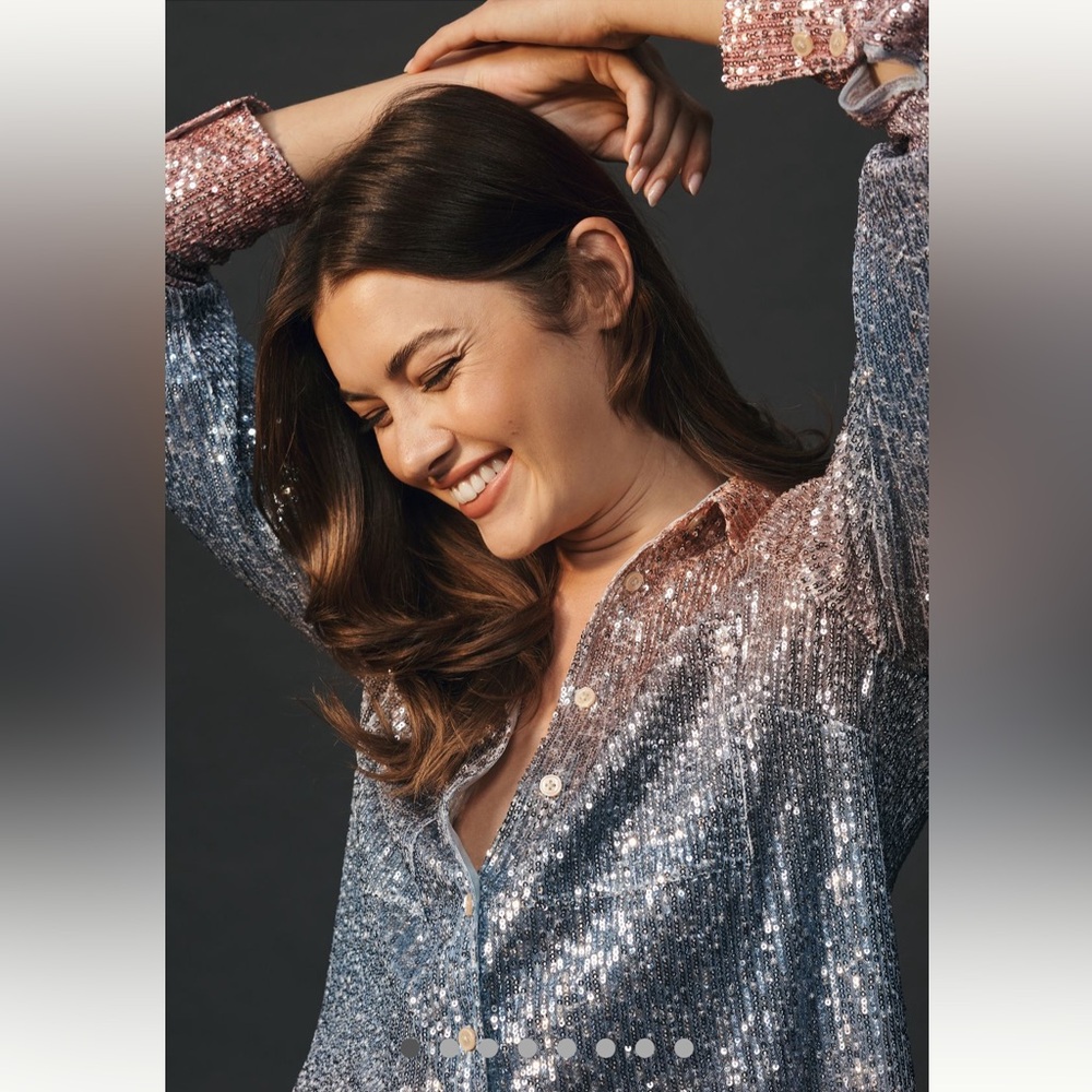 ✨ By Anthropologie Ombre Sequin Buttondown Shirt 1X NWT BLUE PEACH